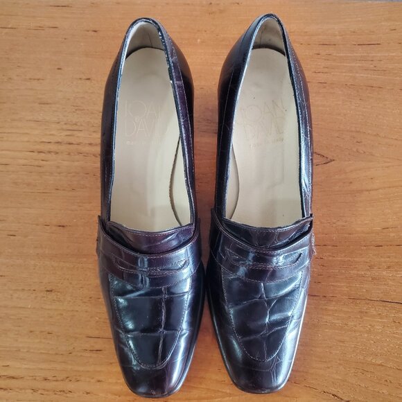 Joan & David W 7.5 Italy handmade Burgundy Croc Leather Heeled Penny loafer A213 - Picture 3 of 12